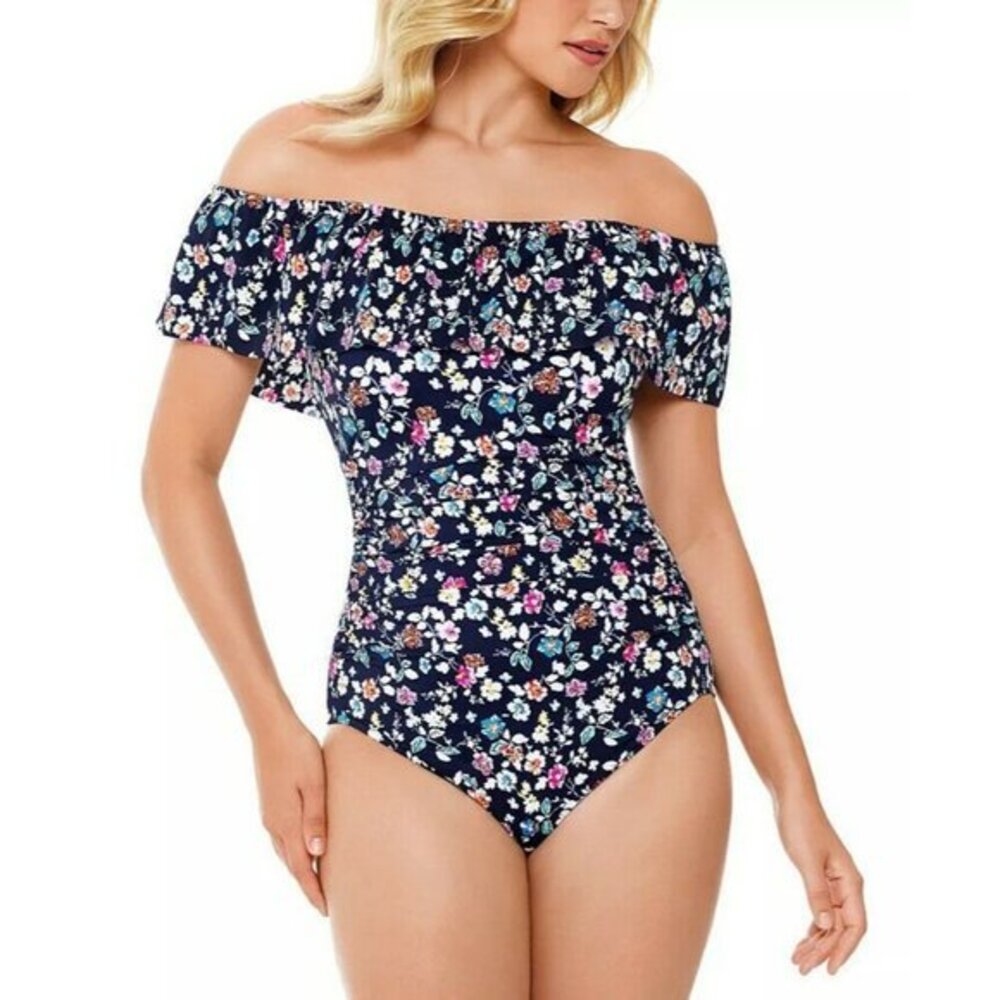 ☀️Swim Solutions Size 16 Vintage Ditsy Printed Off-The-Shoulder Swimsuit Navy NW